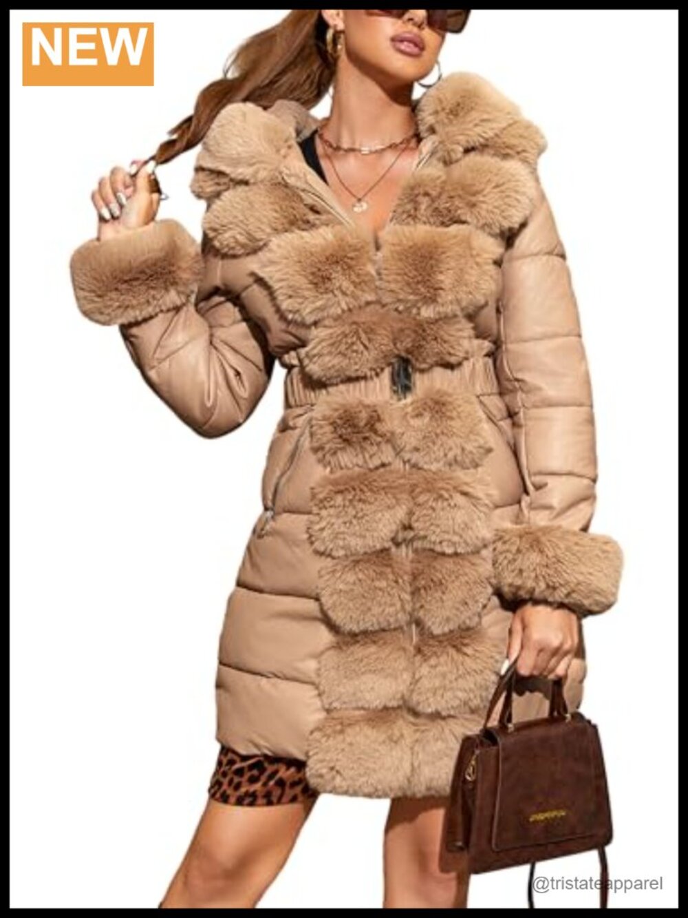 Women's Faux Leather Puffer Jacket Winter Quilted Hooded Waterproof Belted Coat